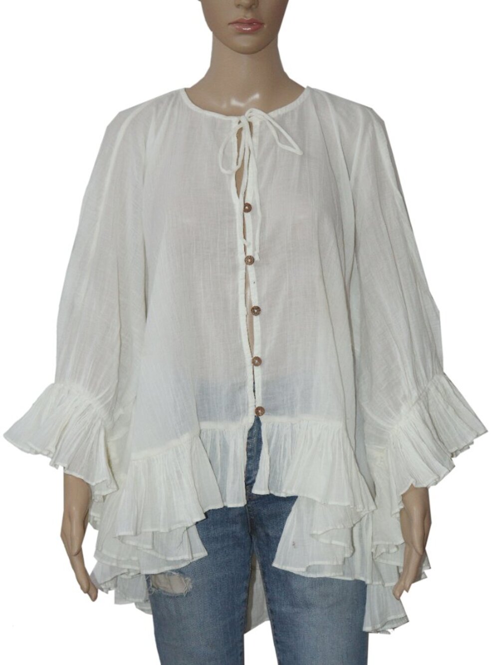 Free People Beachside Blaze Tunic Ruffle V Neck Tie Sheer Top XS - Picture 3 of 7